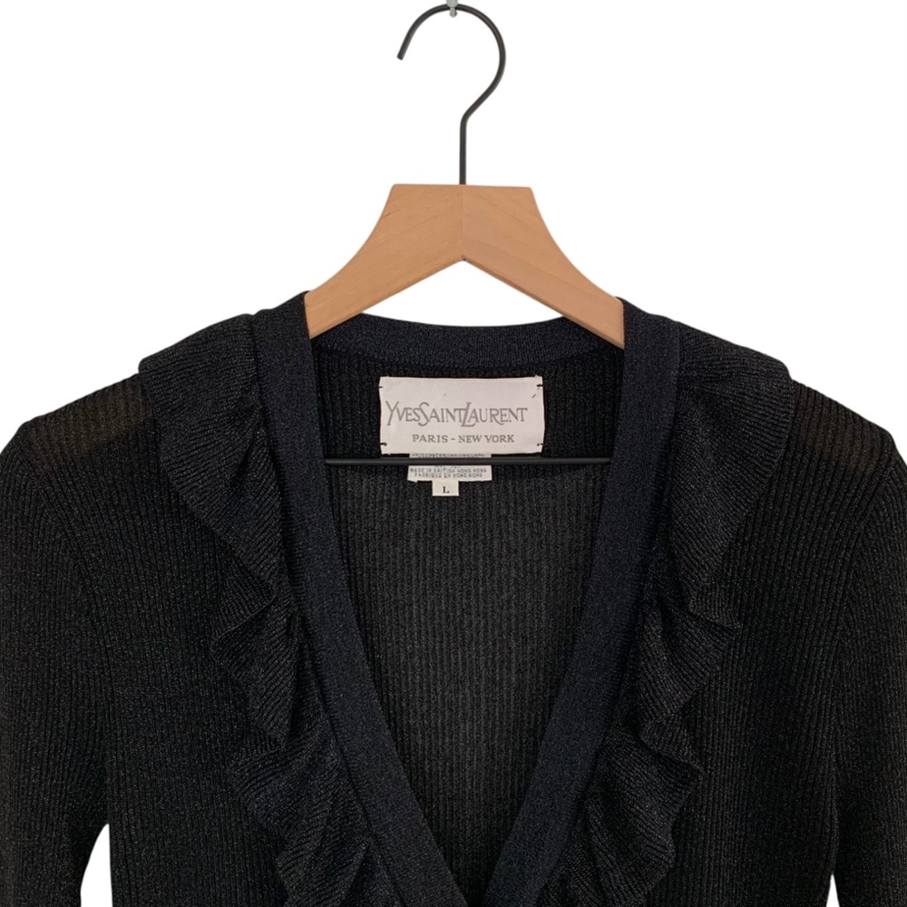 Vintage Yves Saint Laurent Black Metallic Ruffled Lapel Cardigan- Rare Find - Picture 4 of 11
